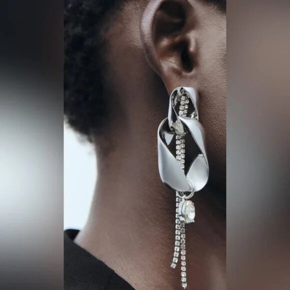 Zara Silver Pearl Rhinestone Tassel Earrings Nwt - Picture 2 of 3